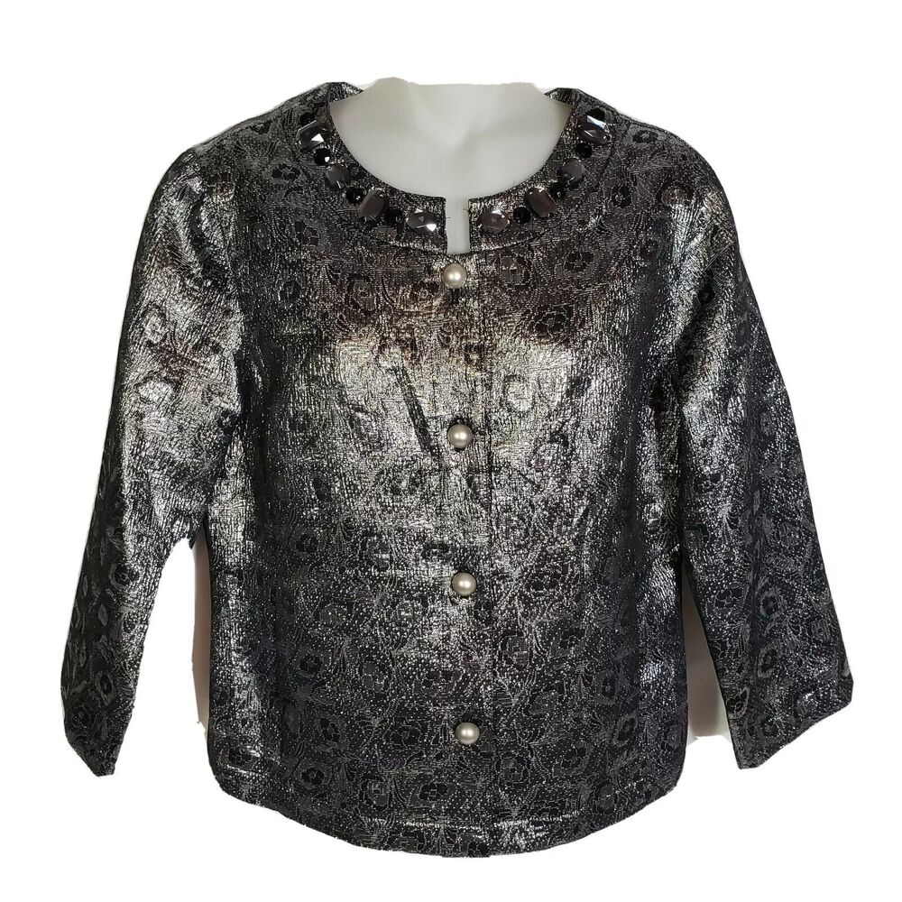 Lark Lane Womens Size 8 Jacket 4 Button Down Blazer Black Silver Gems